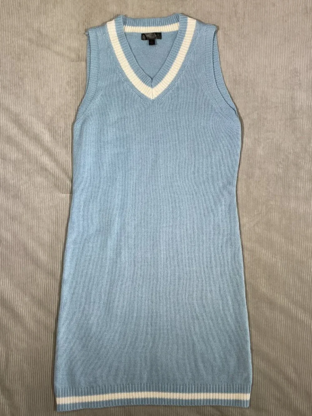 Tenniscore V-Neck Knit Mini Dress Preppy Old Money Light Blue L